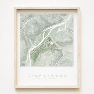 Camp Dawson WEST VIRGINIA Mapa topográfico em aquarela pintado à mão (impressão artística) Cheat River Mountain Treinamento militar ilustrativo Acampamento do exército