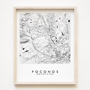 Carte dessinée à la main des montagnes de POCONOS, plan des rues de la Pennsylvanie, dessin topographique noir et blanc (impression d'art) cadeau d'anniversaire de mariage, décoration murale
