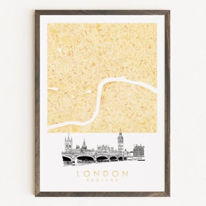 Carte aquarelle de Londres et impression de croquis architecturaux Plan d'ensemble de la ville du Royaume-Uni (impression d'art) Mariage Remise de diplôme Voyage cadeau Angleterre Ocre jaune