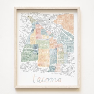 TACOMA Barrios Mapa (Impresión de arte) Acuarela Texto cursivo escrito a mano Palabras descriptivas Mapa de la ciudad Inauguración de la casa Agente inmobiliario en movimiento Regalo Boda