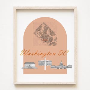 WASHINGTON DC Streetscape + dessin de carte Plan du district du National Mall (impression d'art) Lincoln Memorial Capitole de la Maison Blanche, mariage, cadeau de déménagement