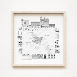 STAUNTON Virginia ARCHI-TOPO kaart (16 x 16 vierkante zwart-wit kunstprint) topografische stadskaart straatbeeld Shenandoah Valley Baldwin graduatiecadeau
