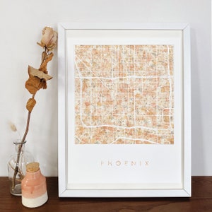 Carte de PHOENIX, tissu urbain, peinture texturée à l'aquarelle, plan de la ville de l'Arizona (impression d'art), remise des diplômes, anniversaire de mariage, cadeau pour agent immobilier, terre
