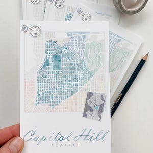 Mapa de acuarela del barrio de CAPITOL HILL, Seattle, Washington TARJETA POSTAL estándar Agente inmobiliario Mudanza Regalo Recuerdo de boda Papelería PnW Postcrosser