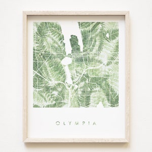 OLYMPIA Landkarte Farne Bodenkarte Gemälde WASHINGTON (Kunst Druck) Flora Hochzeit Makler Umzug Geschenk pazifischer Nordwesten Puget Sound Wanddeko
