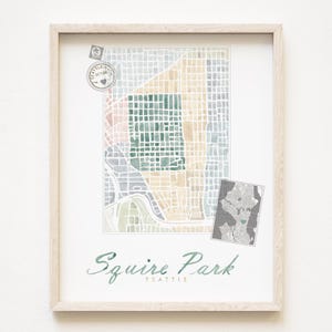 SQUIRE PARK Seattle buurt kaart aquarel print WASHINGTON City Block Plan (Art Print) Central Seattle kaart muur lokale makelaar cadeau
