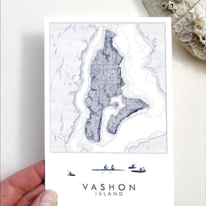 VASHON Island Hand-drawn Topographical Map Standard POSTCARD Washington Blue Kayak Rowers Wedding Favor Swag Realtor Graduation Moving Gift