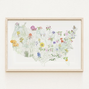 Carte de paysage floral de l'État dessin (impression d'art) 48 fleurs de l'État Amérique États-Unis Décoration d'intérieur Anniversaire de mariage Cadeau de déménagement Topographie Décoration florale