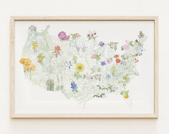 STATE FLOWERscape Map Drawing (Art Print) 48 State Flowers America USA Home Decor Wedding Anniversary Moving Gift Topography Floral Decor