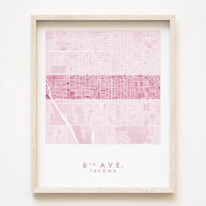 Quartier de la Sixième Avenue, carte du quartier de TACOMA, impression magenta, aquarelle, plan d'îlot de la ville de WASHINGTON (impression d'art) nord-ouest du Pacifique, Puget Sound