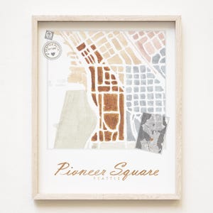 PIONEER SQUARE Carte du quartier de Seattle, impression aquarelle Plan d'îlot de la ville de WASHINGTON (impression d'art) Centre-ville de Seattle, carte murale Cadeau pour agent immobilier local