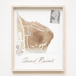 SAND POINT Buurtkaart East Seattle aquarel print WASHINGTON City Block Plan (Art Print) kaart muur lokale makelaar cadeau Magnuson Park