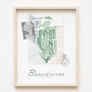 BROADMOOR Seattle buurt kaart aquarel print WASHINGTON City Block Plan (Art Print) Pacific Northwest Puget Sound muur lokaal decor