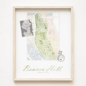 BEACON HILL Seattle carte du quartier impression aquarelle Plan d'îlot de la ville de WASHINGTON (impression d'art) Nord-ouest du Pacifique, mur de Puget Sound, décoration locale