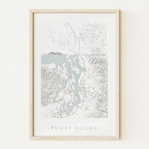 PUGET SOUND Topographie-Fähre Karte Washington (Kunstdruck) Setetula Tacoma Olympia Whidbey Island Pazifische Nordwestküste