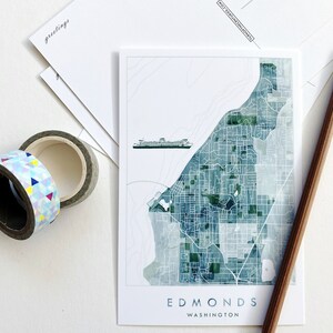 EDMONDS Washington Stadt Karte + Puget Sound Bathymetrische Karte Standard POSTKARTE Umzug Makler Geschenk Hochzeit Favor Portait