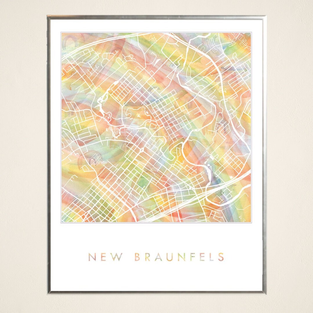 NEW BRAUNFELS Pride Rainbow Map Watercolor Wash Map Print City Block