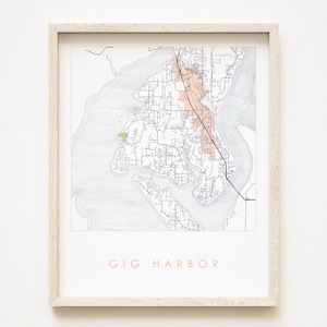 GIG HARBOR kaart handgetekende stratenplan WASHINGTON stadskaart tekening (Art Print) bruiloft bewegende makelaar cadeau vakantie verhuur decor nautische stijl
