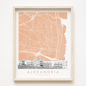 ALEXANDRIA Karte Zeichnung und Architekturskizze Captains Row Prince Street VIRGINIA City Block Plan (Kunstdruck) Hochzeit Geschenk zum Abschluss