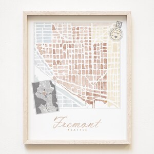 FREMONT Seattle buurt kaart aquarel print WASHINGTON City Block Plan (Art Print) Downtown Seattle kaart muur lokaal decor makelaar cadeau