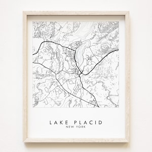 Lake PLACID kaart hand getekende stratenplan New YORK dorp kaart tekening zwart-wit (Art Print) bruiloft verjaardag afstuderen Adirondacks