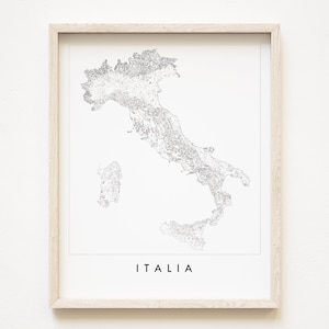 Carte ITALIA dessiné main dessin topographique (impression d'art) Remise des diplômes en noir et blanc Anniversaire de mariage Cadeau de voyage européen italien européen