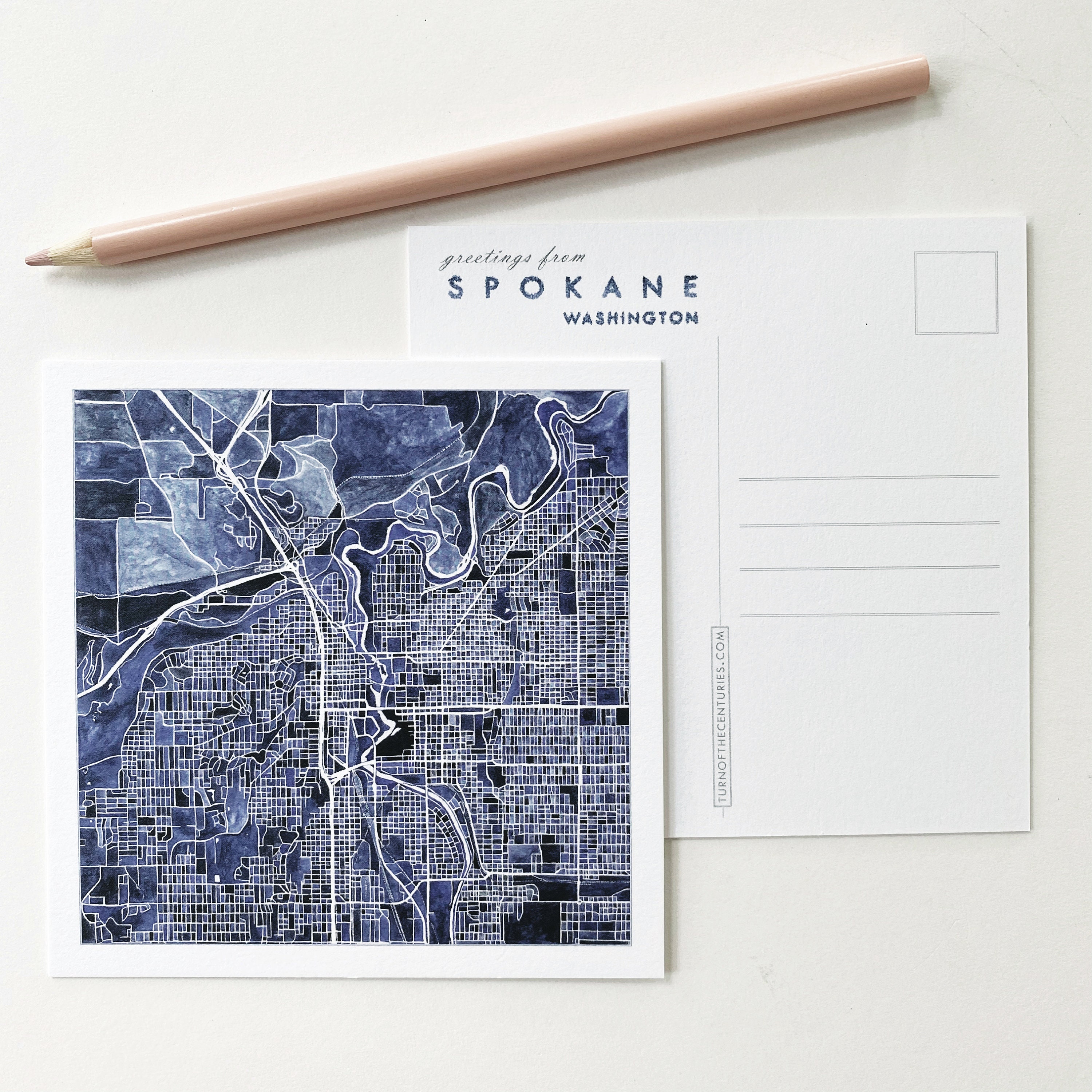 SPOKANE Watercolor Map POSTCARD Washington City Map Block Plan Wedding Realtor Graduation Moving Gift Penpal