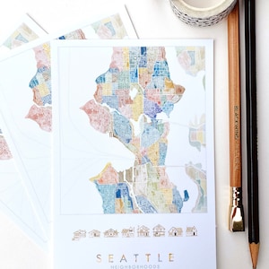 Mapa de acuarela de los vecindarios de SEATTLE, Washington TARJETA POSTAL estándar Agente inmobiliario Mudanza Regalo Recuerdo de boda PnW Puget Sound Papelería Postcrosser
