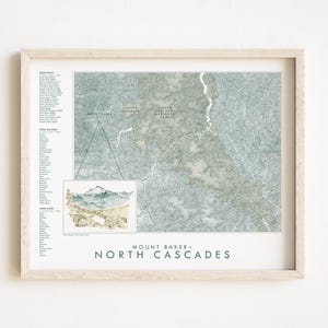 North CASCADES NP + Mount Baker Washington handgetekende topografische aquarelkaart (kunstprint) wandelaar berg bruiloft avontuur kaart muur