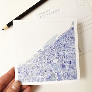 CLEVELAND Mapa de acuarela POSTCARD Ohio City Map Block Plan Wedding Favor Realtor Graduación Regalo en movimiento Penpal