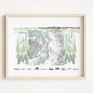 PUGET SOUND Landkarte Washington (Kunstdruck) Setetula Tacoma Olympia Whidbey Island Pazifische Nordwestküste Lakes Topographische Bergansicht