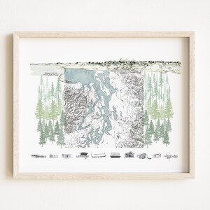 PUGET SOUND Life Map Washington (Art Print) Seattle Tacoma Olympia Whidbey Island Pacific Northwest Lakes Coast Topographic Mountain View