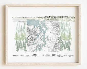 PUGET SOUND Levenskaart Washington (kunstafdruk) Seattle Tacoma Olympia Whidbey Island Pacific Northwest Lakes Coast Topografisch bergzicht