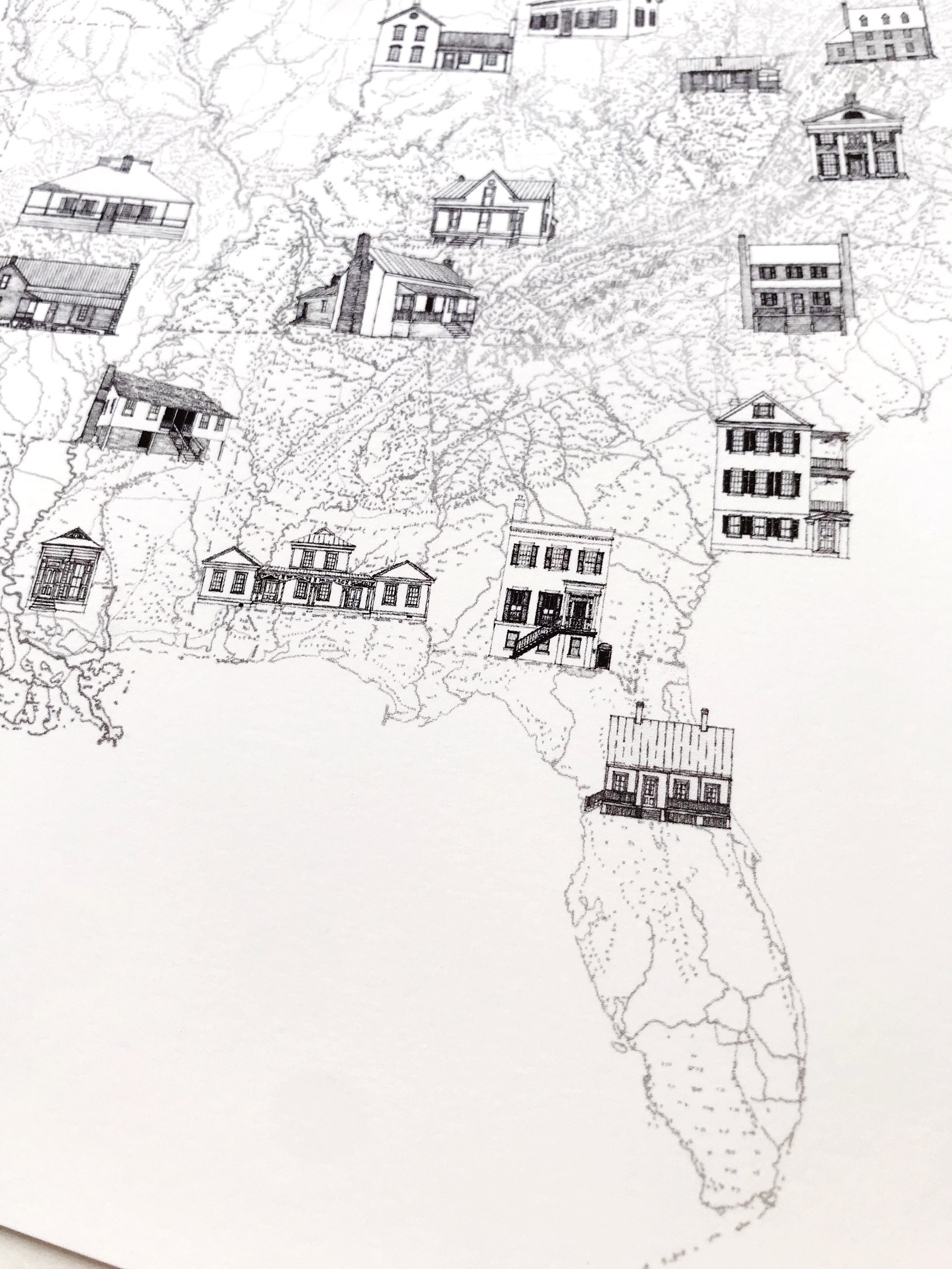 AMERICAN Homescape Map Drawing (art Print) State Tree Architecture Home ...