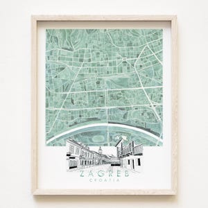 Carte aquarelle de ZAGREB et impression de croquis architecturaux CROATIE Plan d'îlot (impression d'art) Anniversaire Cadeau de mariage Voyage en Europe Rivière Sava
