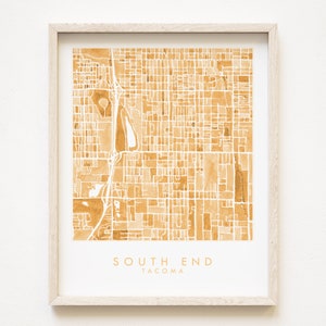 South End TACOMA Neighborhood Map Orange Aquarell Druck WASHINGTON Block Stadtplan (Kunst Druck) pazifischer Nordwesten Puget Sound lokalen Dekor