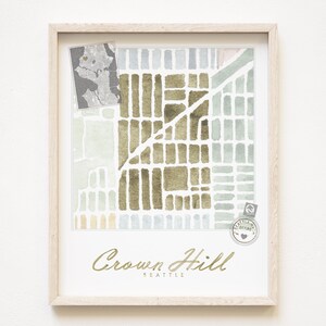 CROWN HILL Seattle buurt kaart aquarel print WASHINGTON City Block Plan (Art Print) Pacific Northwest Puget Sound muur lokaal decor