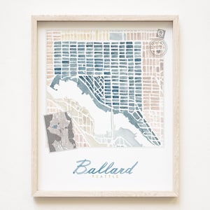 Carte du quartier de Seattle BALLARD, impression aquarelle Plan d'îlot de la ville de WASHINGTON (impression d'art) Nord-ouest du Pacifique, mur de Puget Sound, décoration locale