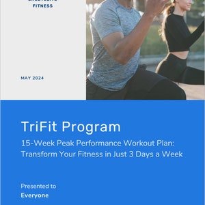 May include: A blue and white graphic with the text "TriFit Program" and the text "15-Week Peak Performance Workout Plan: Transform Your Fitness in Just 3 Days a Week". The graphic also includes the text "Presented to Everyone" and "Presented by SheetElite".