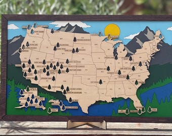 Personalized National Park Map: Family Adventure Tracker, Laser Cut Wood Art (Easel Included) - 19x11.5