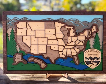 Handcrafted Wooden USA State Map Tracker - Track Your Adventures! (Easel Included) 19x11.5 in