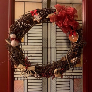 Winter Season Grapevine Wreath, Rustic with Red Accents, Artist-Made