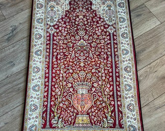Collection Cordoba - Tapis de prière de luxe historique islamique, fabrication turque, soie de qualité supérieure, doublure en mousse épaisse, antidérapant, rembourré, cadeau parfait