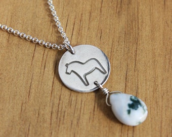 Swedish Dala Horse Necklace White Green Tree Agate Handmade Fine Silver Round Charm Scandinavian Nordic Sterling Silver Chain Winter #16482