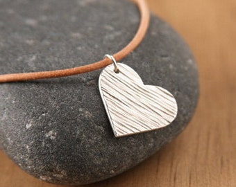 Silver Heart Necklace OOAK Pendant Handmade Heart Woodgrain Texture Fine Silver Charm Natural Tan Leather Cord Sterling Silver Rustic Heart