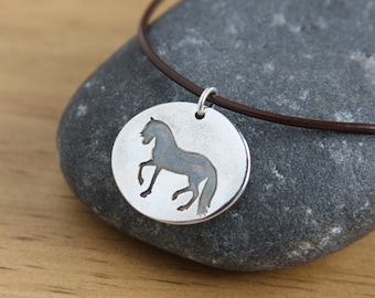 Silver Prancing Horse Leather Necklace, Handmade Dressage Pendant, Dark Brown Leather Cord, Andalusian Piaffe Trot Equestrian Jewelry