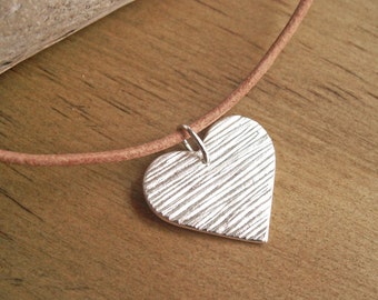 Silver Heart Necklace OOAK Pendant Handmade Heart Woodgrain Texture Fine Silver Charm Natural Tan Leather Cord Sterling Silver Rustic Heart