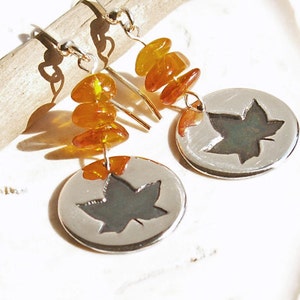 Amber Maple Leaf Disc Earrings sterling earwires handmade small round circle disc autumn nature design natural golden honey yellow image 1