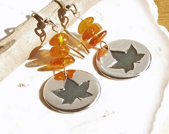 Amber Maple Leaf Disc Earrings sterling earwires handmade small round circle disc autumn nature design natural golden honey yellow