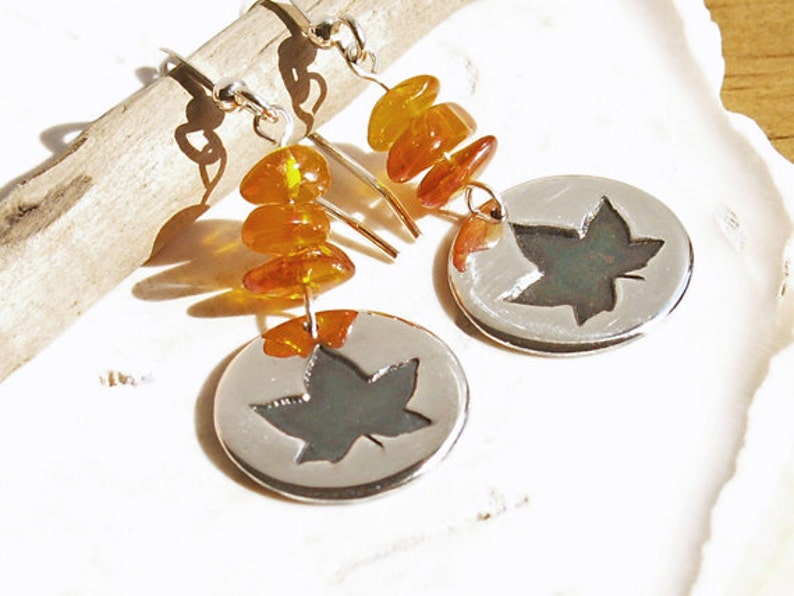 Amber Maple Leaf Disc Earrings sterling earwires handmade small round circle disc autumn nature design natural golden honey yellow image 1